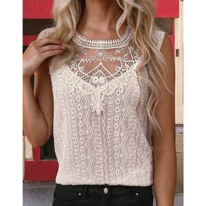 Cream Boho Embroidered Lace‎ Knit Tunic Tank Top Cut Out Sleeveless Shirt Blouse